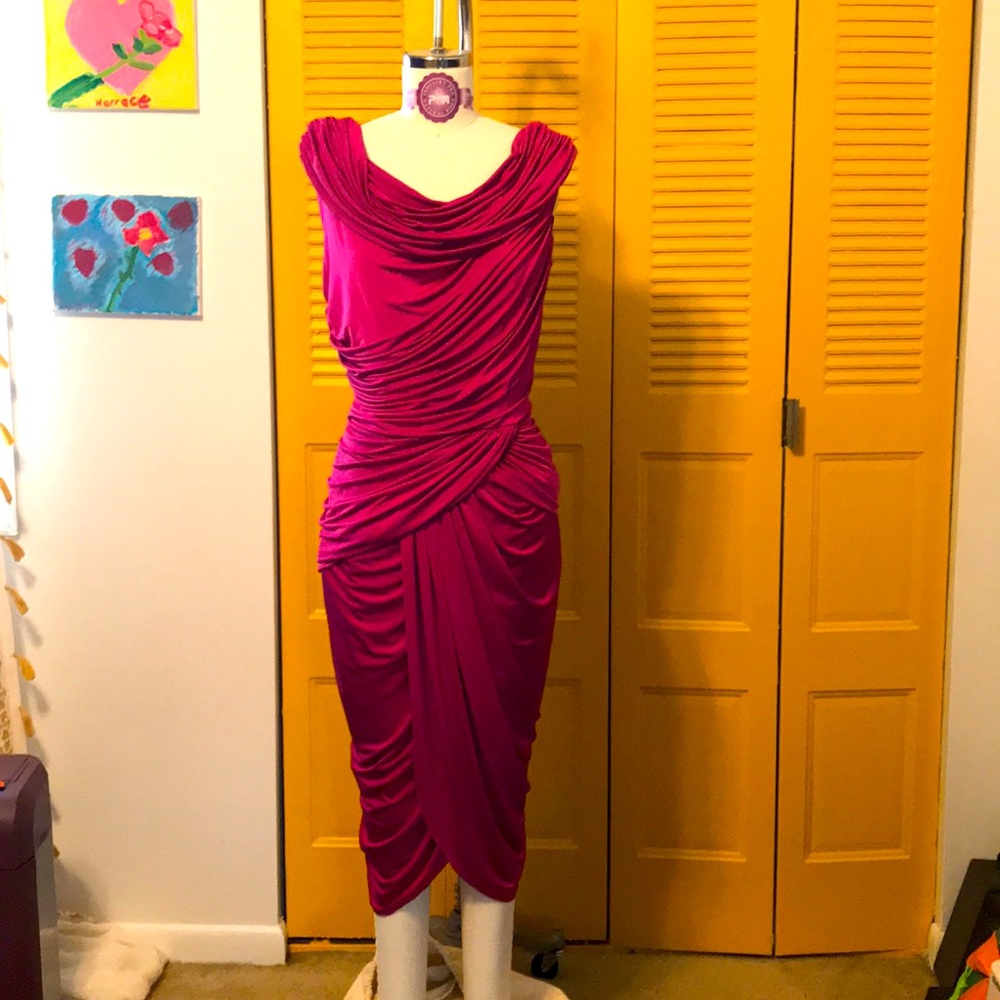 Tadashi Shoji Fuchsia Asymmetrical Draped Midi Dress
